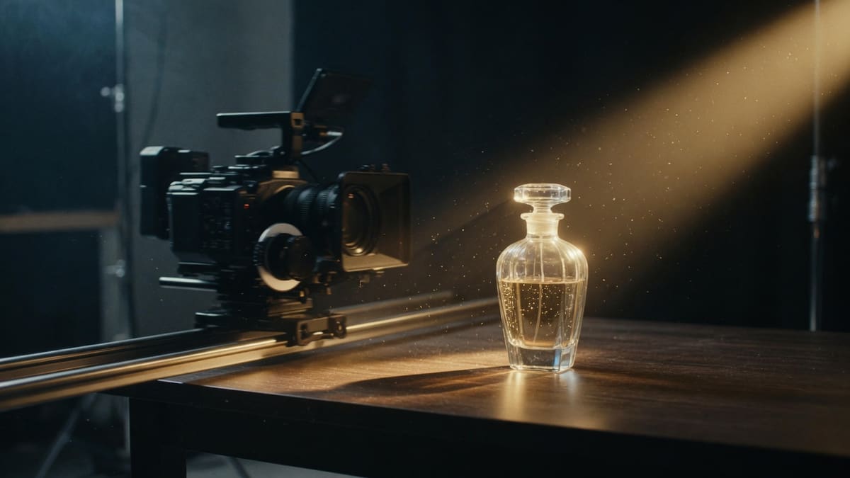 Cinema camera on a slider tracking a static product, showing motion direction for MiniMax H3 image to video