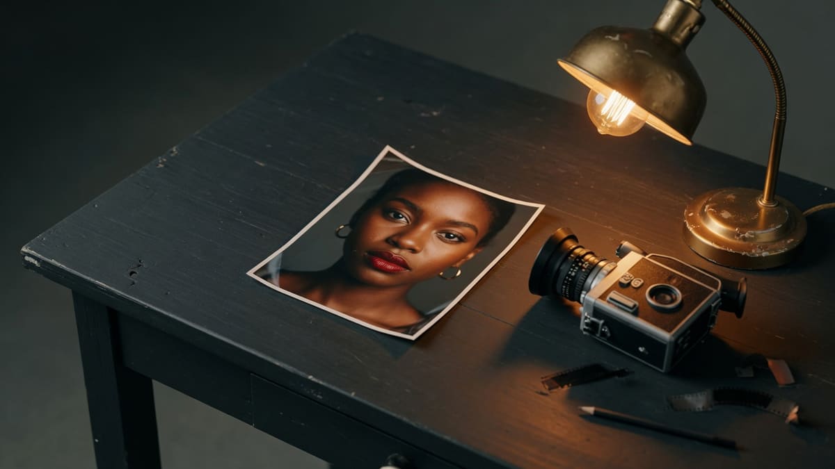 Printed still photo on a dark desk beside a cinema camera, the first frame for MiniMax H3 image to video