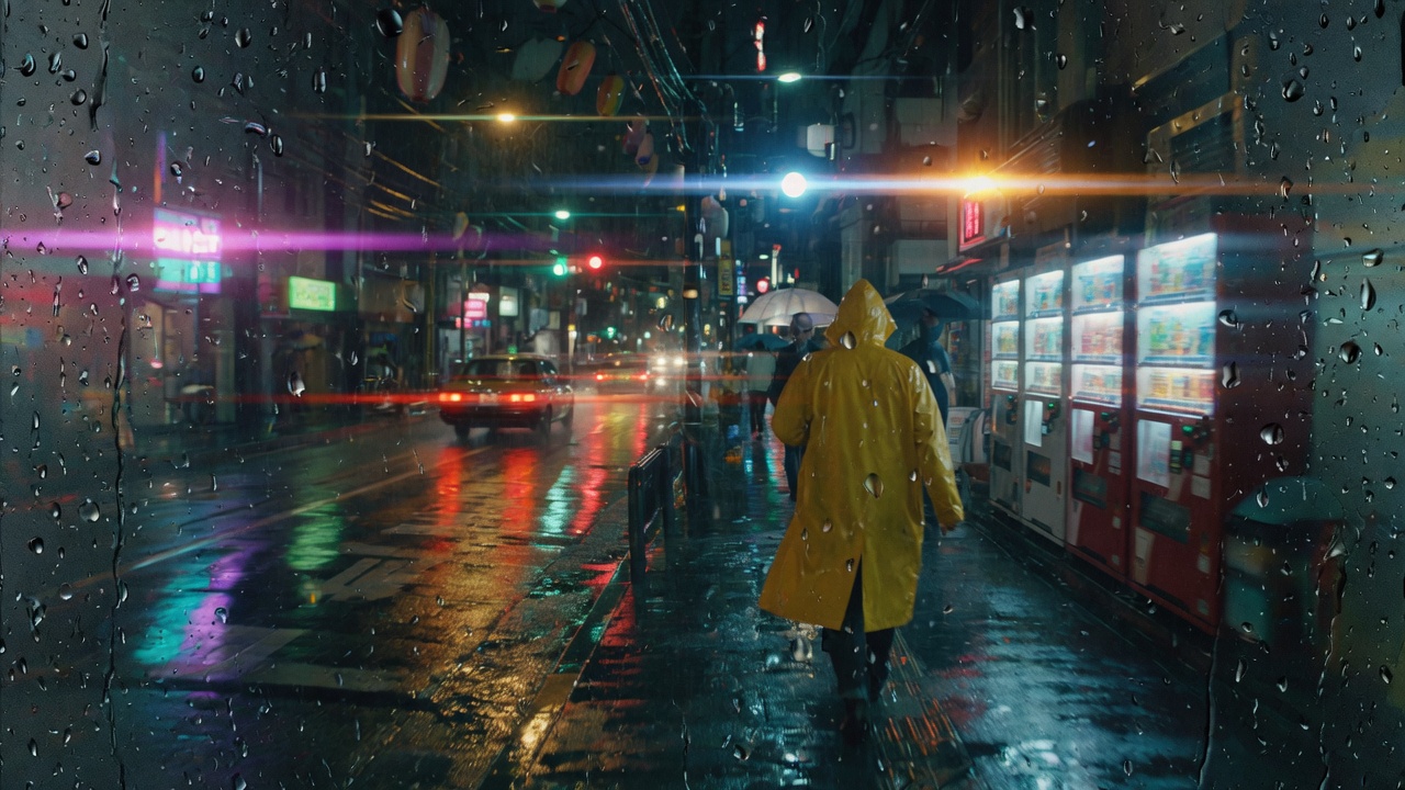 Rainy night street still used as a MiniMax H3 camera-move reference